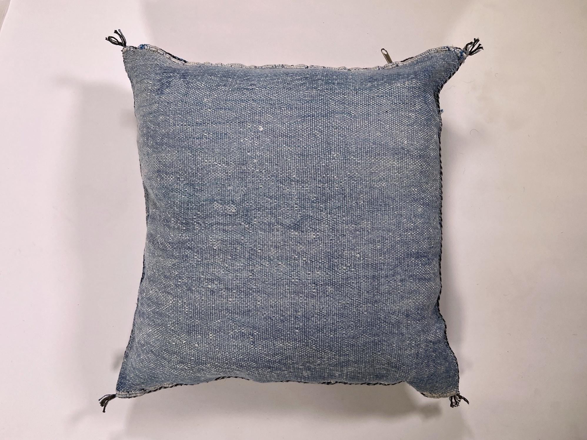 Blue Moroccan Silk Pillow Cover, Boho Tufted Geometric Cushion, Handmade Cactus Silk Kilim Pillow Sham - product image 9