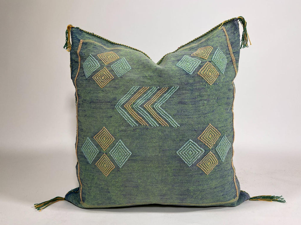 Green Blue Moroccan Silk Pillow Cover with Gold Geometric Embroidery, Boho Kilim Style Tassel Cushion Cov - product image 2