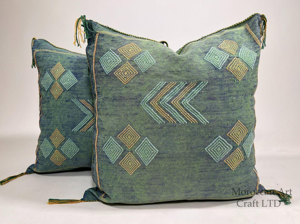 Green Blue Moroccan Silk Pillow Cover with Gold Geometric Embroidery, Boho Kilim Style Tassel Cushion Cov - product image 1