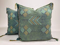 Green Blue Moroccan Silk Pillow Cover with Gold Geometric Embroidery, Boho Kilim Style Tassel Cushion Cov - product image 1