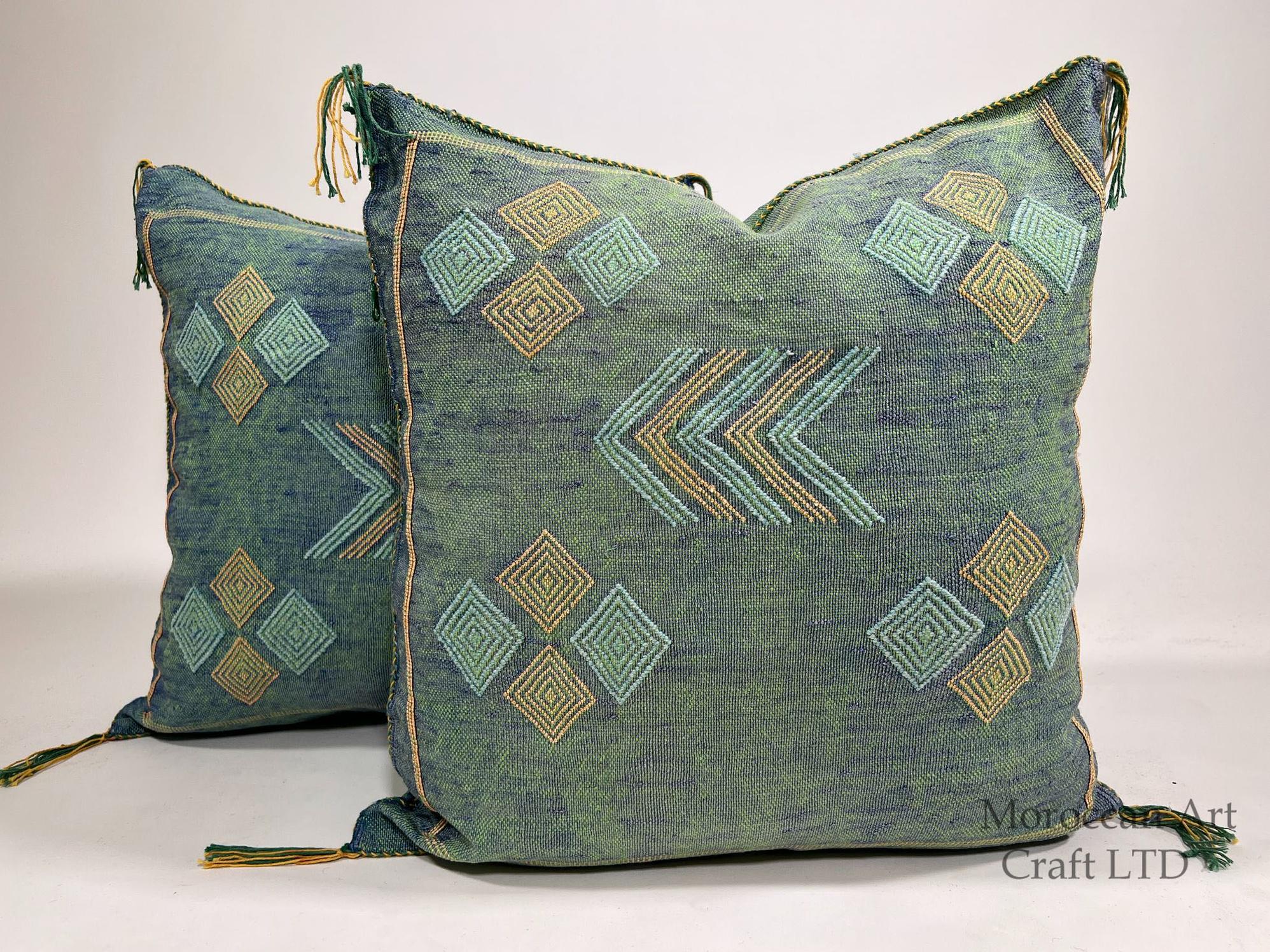 Green Blue Moroccan Silk Pillow Cover with Gold Geometric Embroidery, Boho Kilim Style Tassel Cushion Cov - product image 1