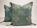 Green Blue Moroccan Silk Pillow Cover with Gold Geometric Embroidery, Boho Kilim Style Tassel Cushion Cov - product image 1