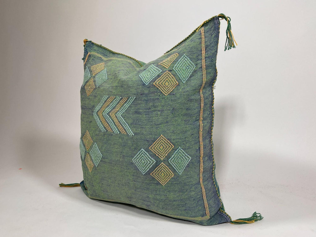 Green Blue Moroccan Silk Pillow Cover with Gold Geometric Embroidery, Boho Kilim Style Tassel Cushion Cov - product image 4