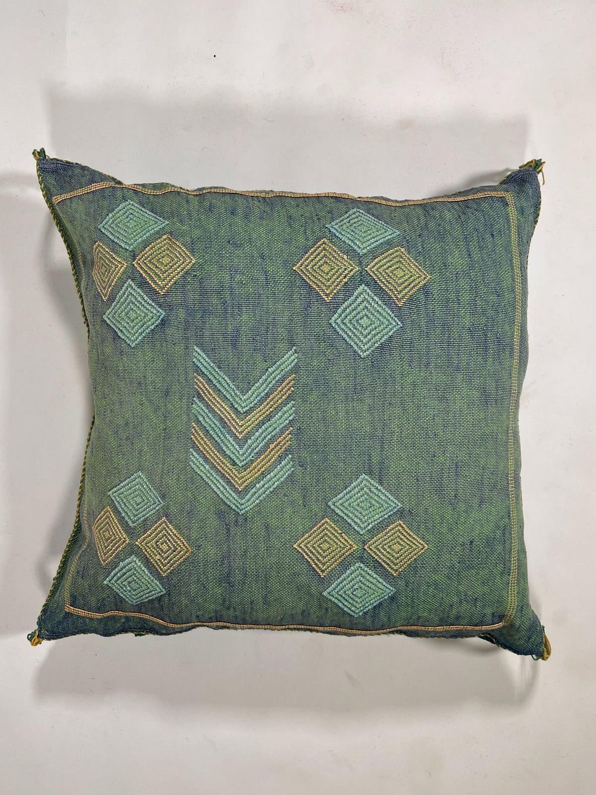 Green Blue Moroccan Silk Pillow Cover with Gold Geometric Embroidery, Boho Kilim Style Tassel Cushion Cov - product image 5