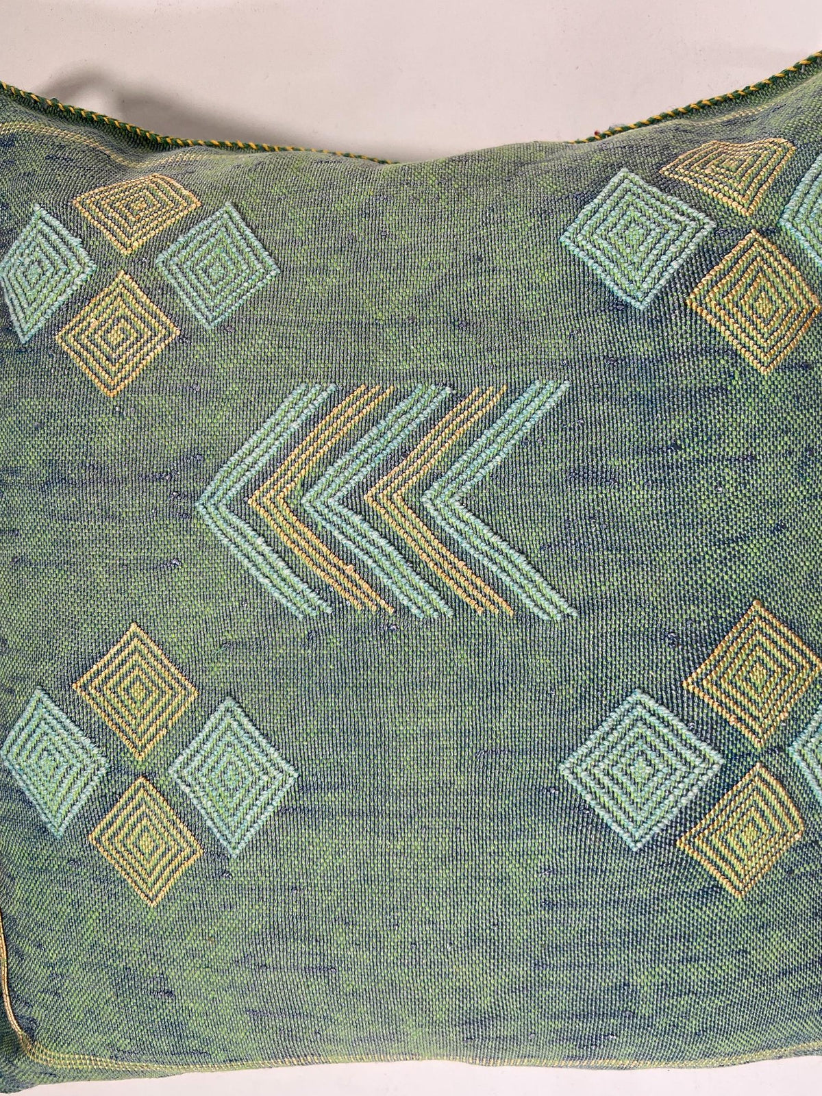 Green Blue Moroccan Silk Pillow Cover with Gold Geometric Embroidery, Boho Kilim Style Tassel Cushion Cov - product image 7