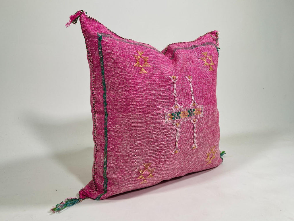 Pink Moroccan Cactus Silk Pillow Cover, Handmade Boujad Kilim Cushion, Boho Silk Throw Pillow Sham for So - product image 2