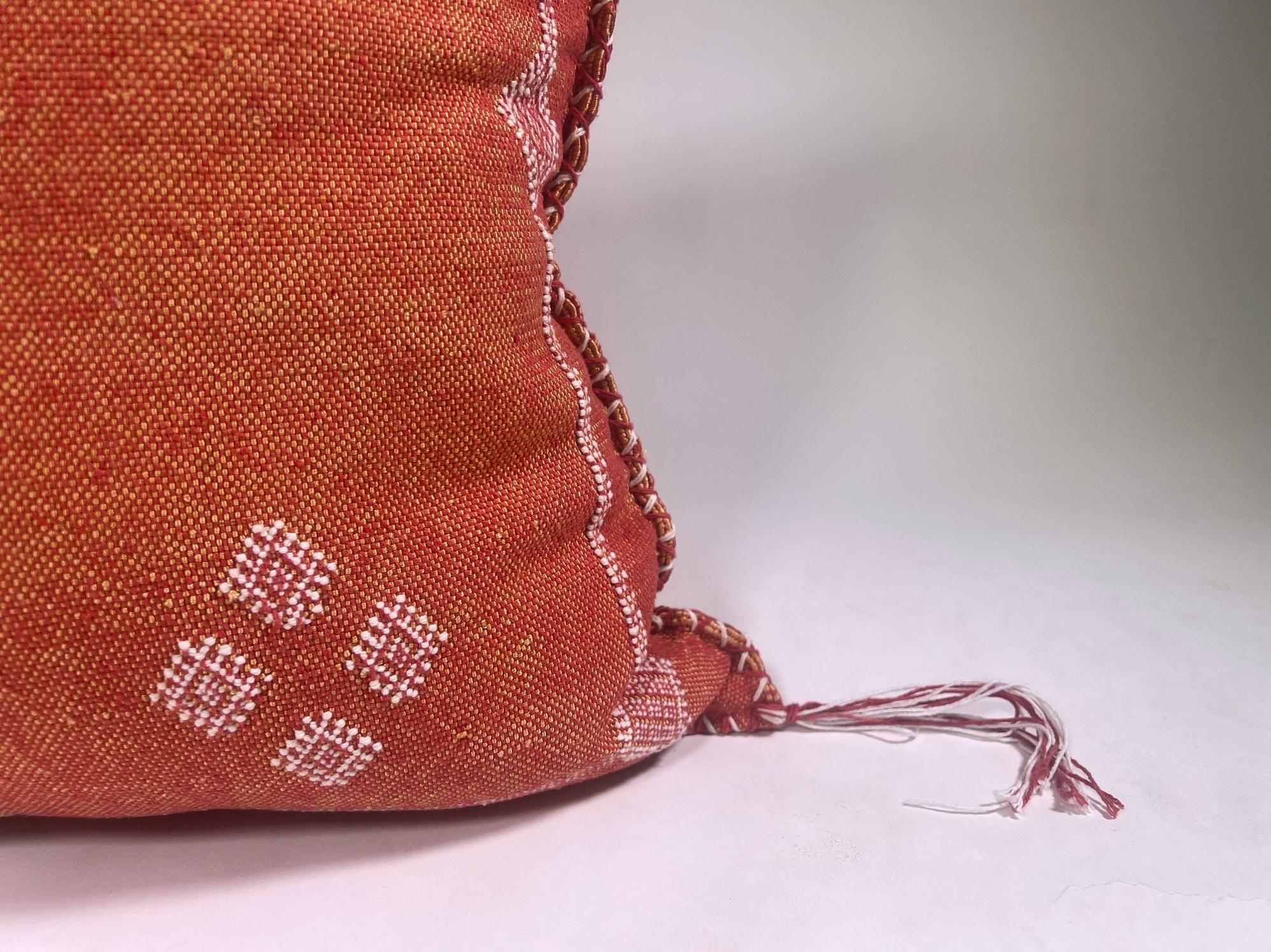 Rust Orange Moroccan Cactus Silk Pillow Cover, White Geometric Embroidered Boho Cushion, Handmade Kilim S - product image 4