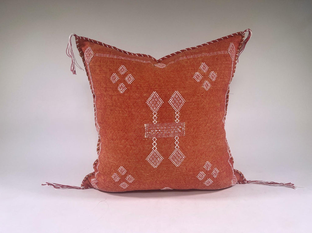 Rust Orange Moroccan Cactus Silk Pillow Cover, White Geometric Embroidered Boho Cushion, Handmade Kilim S - product image 5