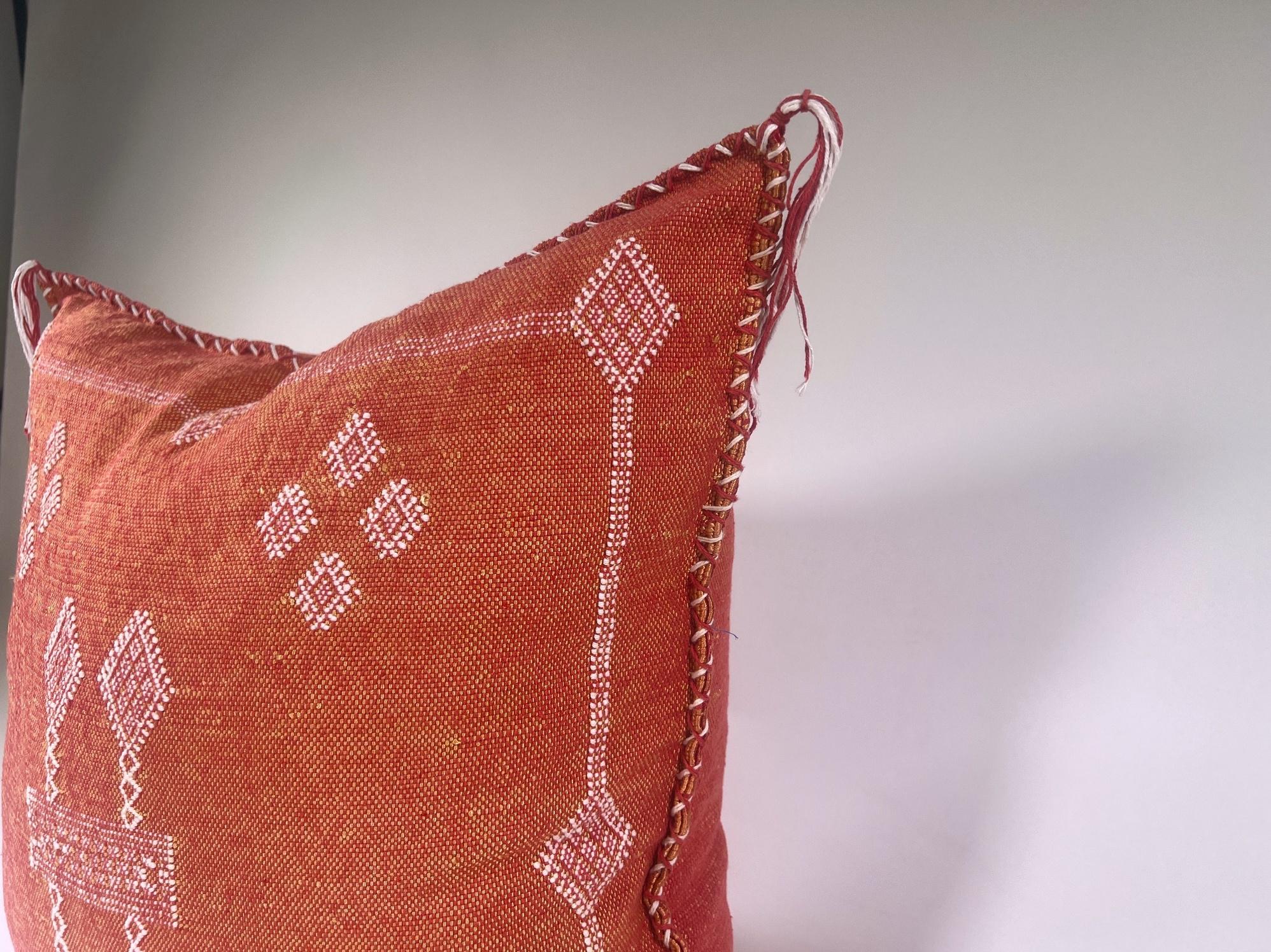Rust Orange Moroccan Cactus Silk Pillow Cover, White Geometric Embroidered Boho Cushion, Handmade Kilim S - product image 7