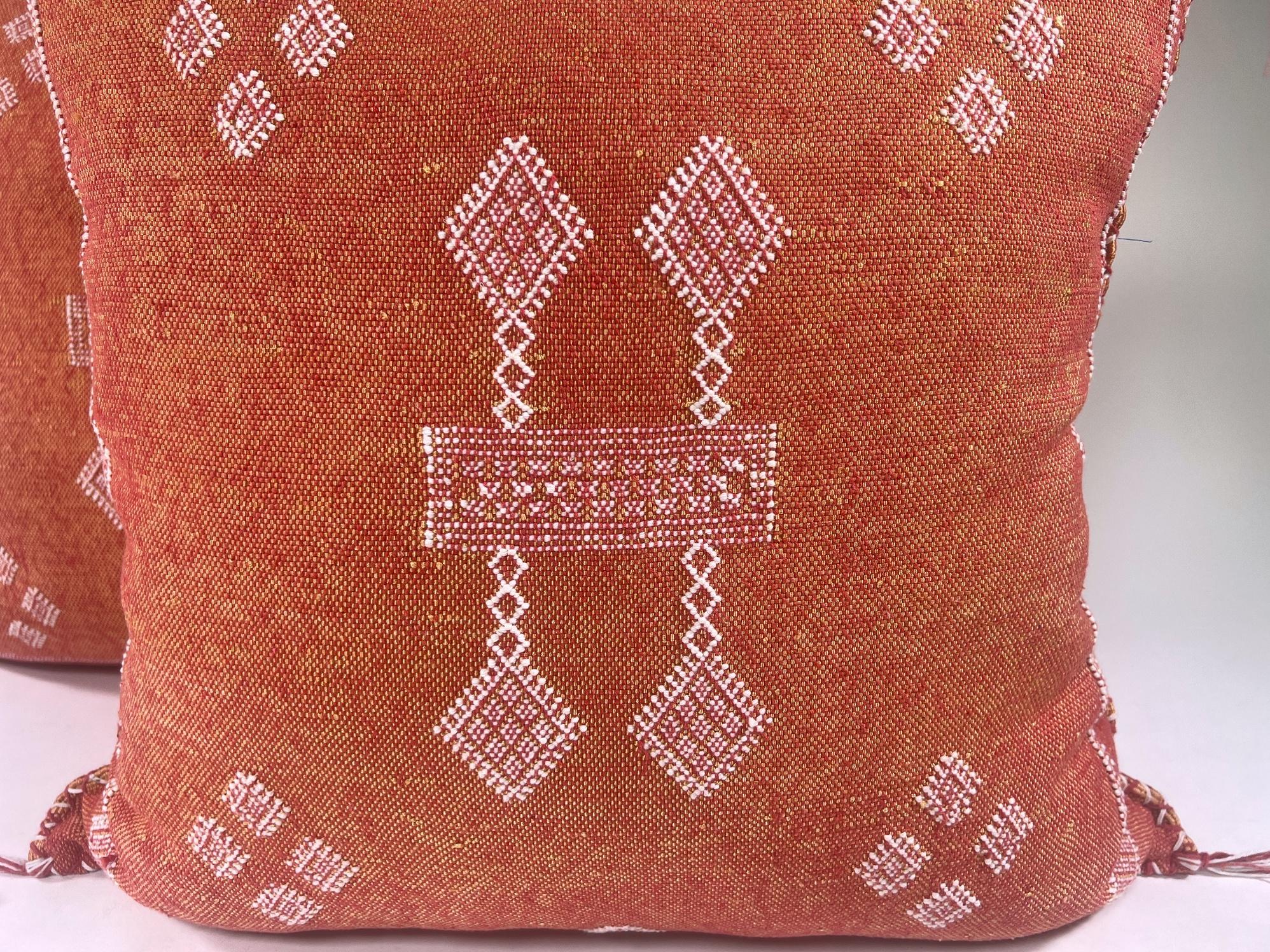 Rust Orange Moroccan Cactus Silk Pillow Cover, White Geometric Embroidered Boho Cushion, Handmade Kilim S - product image 3