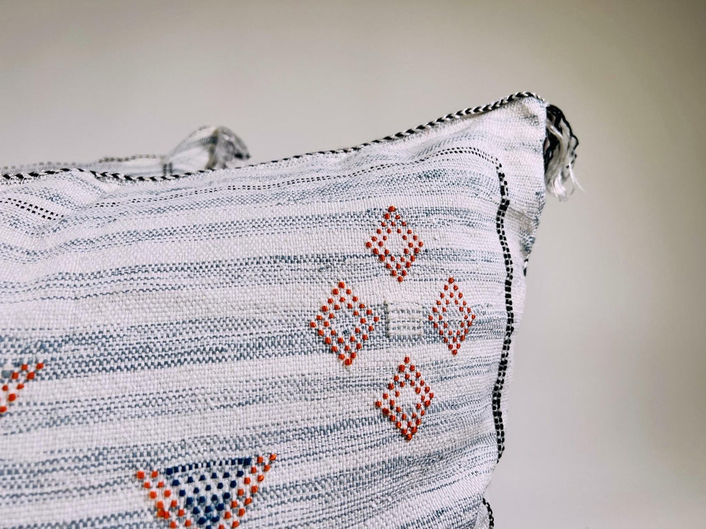 White Moroccan Silk Pillow Cover, Blue Orange Geometric Boho Cushion, Kilim Style Handmade Sofa Decor - product image 3