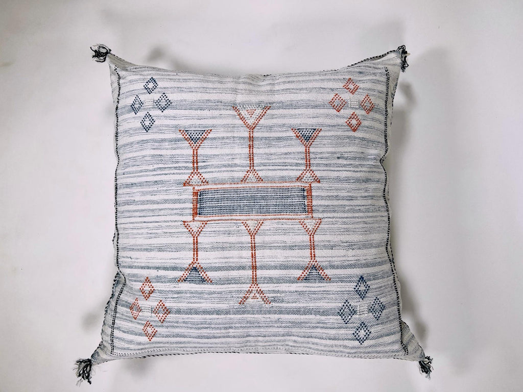 White Moroccan Silk Pillow Cover, Blue Orange Geometric Boho Cushion, Kilim Style Handmade Sofa Decor - product image 8