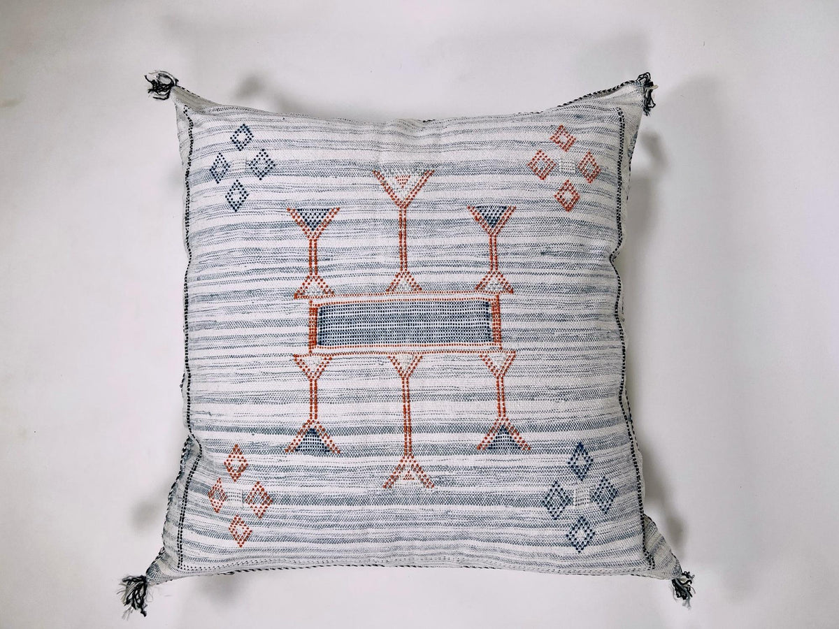 White Moroccan Silk Pillow Cover, Blue Orange Geometric Boho Cushion, Kilim Style Handmade Sofa Decor - product image 8