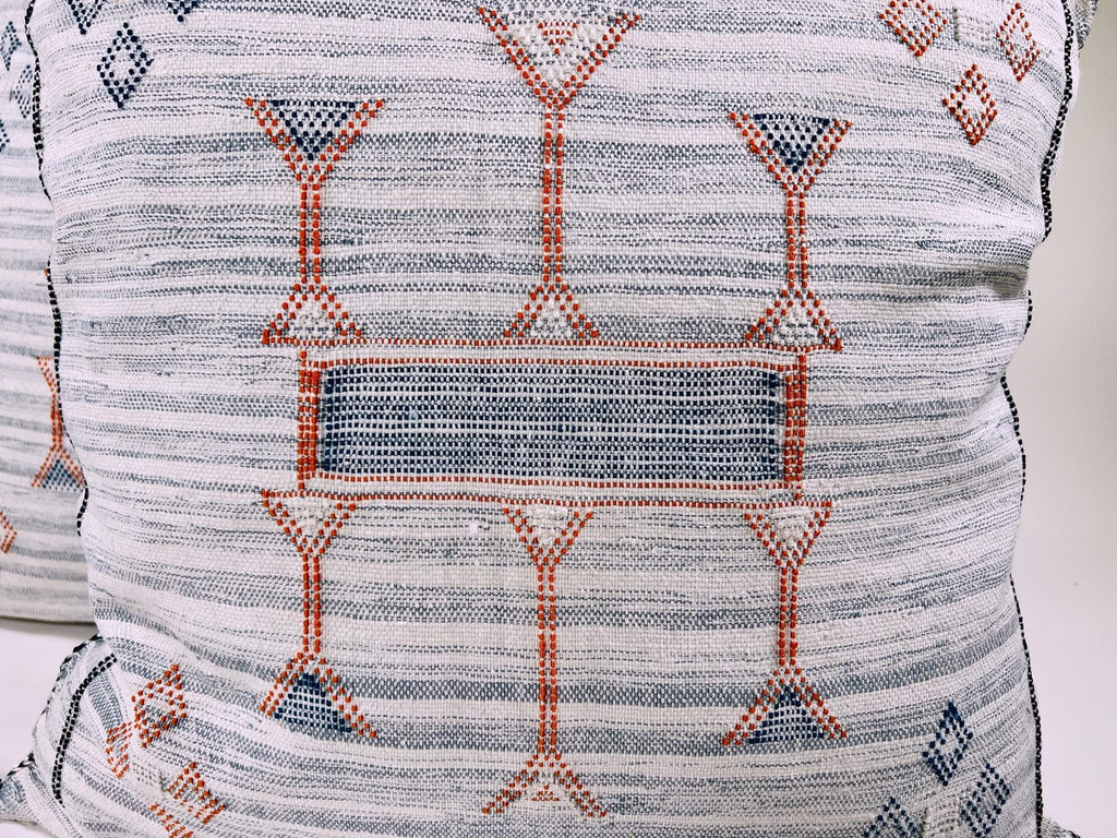 White Moroccan Silk Pillow Cover, Blue Orange Geometric Boho Cushion, Kilim Style Handmade Sofa Decor - product image 4