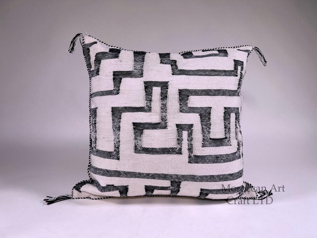 Black and White Kilim Pillow Cover, Moroccan Silk Boho Cushion, Geometric Handmade Pillow Sham with Corne - product image 1