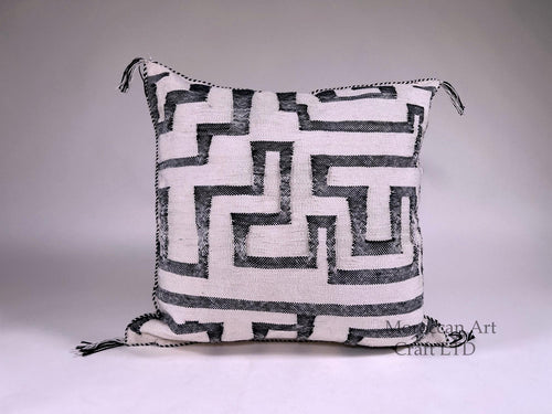 Black and White Kilim Pillow Cover, Moroccan Silk Boho Cushion, Geometric Handmade Pillow Sham with Corne - product image 1