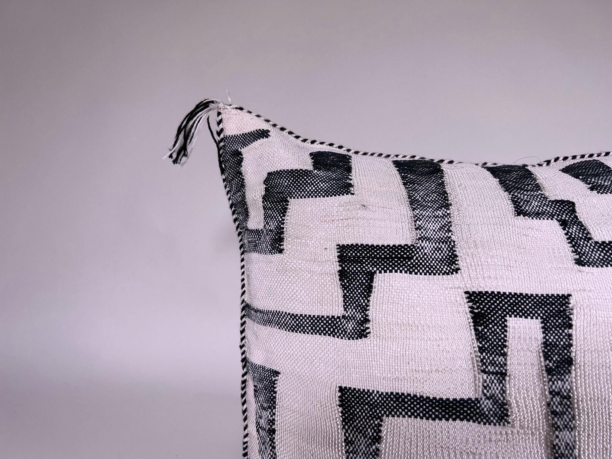 Black and White Kilim Pillow Cover, Moroccan Silk Boho Cushion, Geometric Handmade Pillow Sham with Corne - product image 4