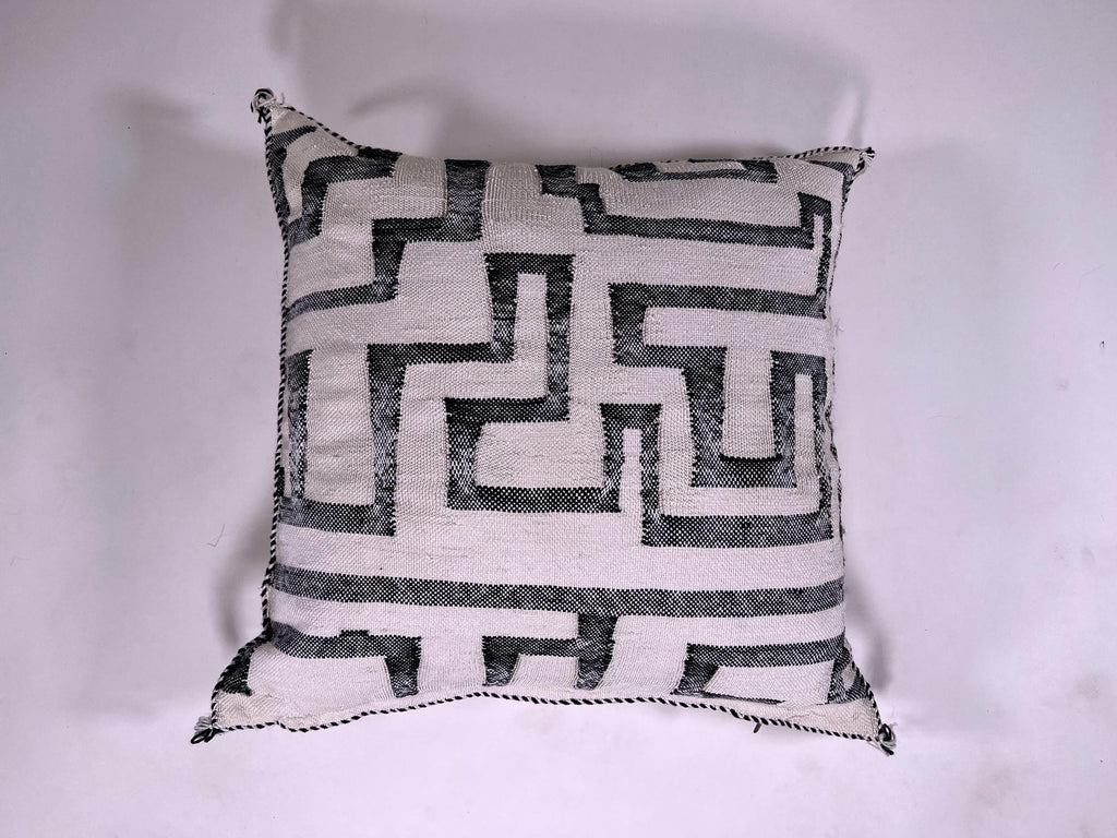 Black and White Kilim Pillow Cover, Moroccan Silk Boho Cushion, Geometric Handmade Pillow Sham with Corne - product image 10