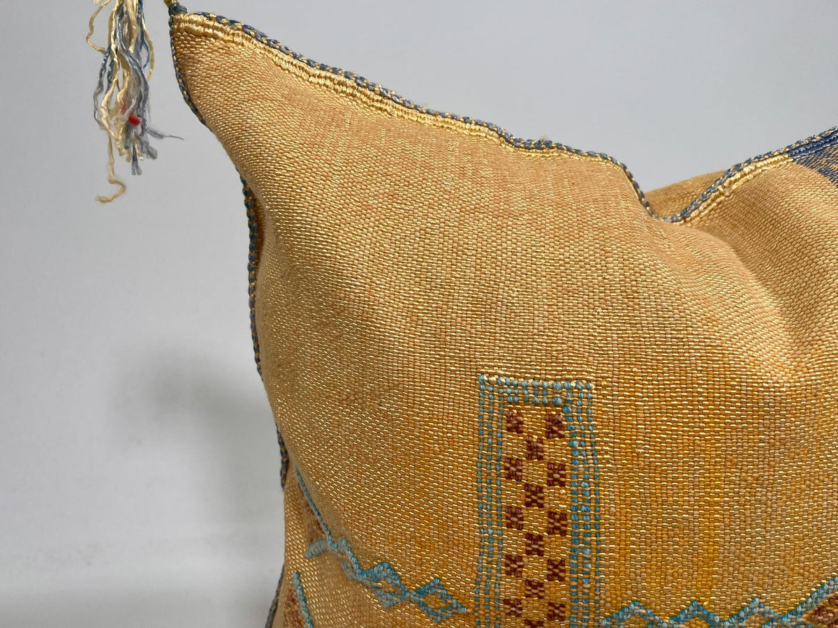 Mustard Yellow Moroccan Silk Pillow Cover, Blue Geometric Embroidery Boho Kilim Cushion, Handmade Sofa Be - product image 3