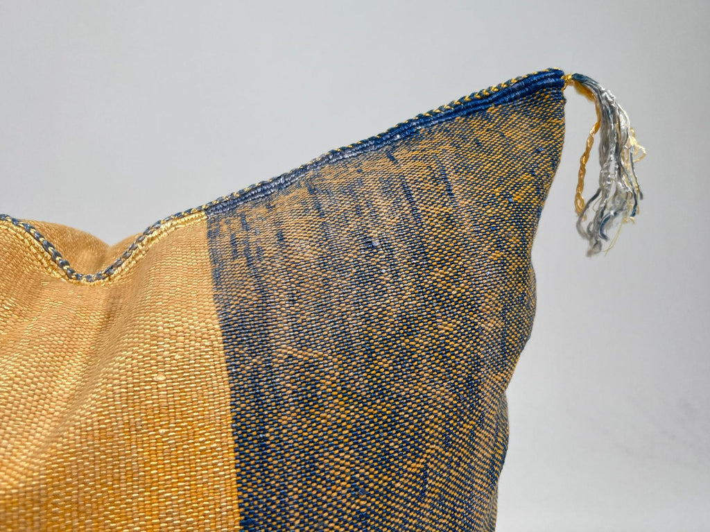 Mustard Yellow Moroccan Silk Pillow Cover, Blue Geometric Embroidery Boho Kilim Cushion, Handmade Sofa Be - product image 4