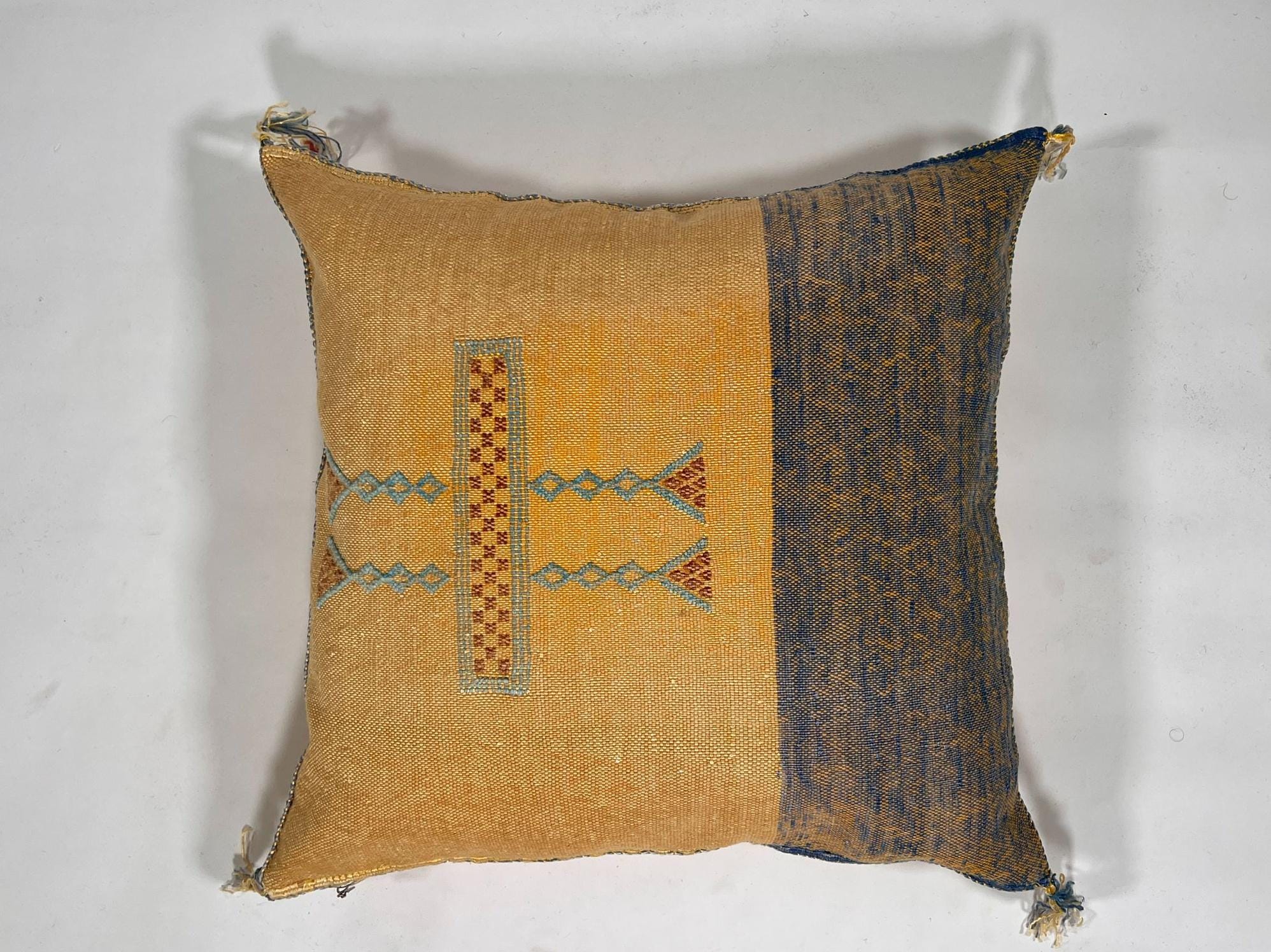 Mustard Yellow Moroccan Silk Pillow Cover, Blue Geometric Embroidery Boho Kilim Cushion, Handmade Sofa Be - product image 5