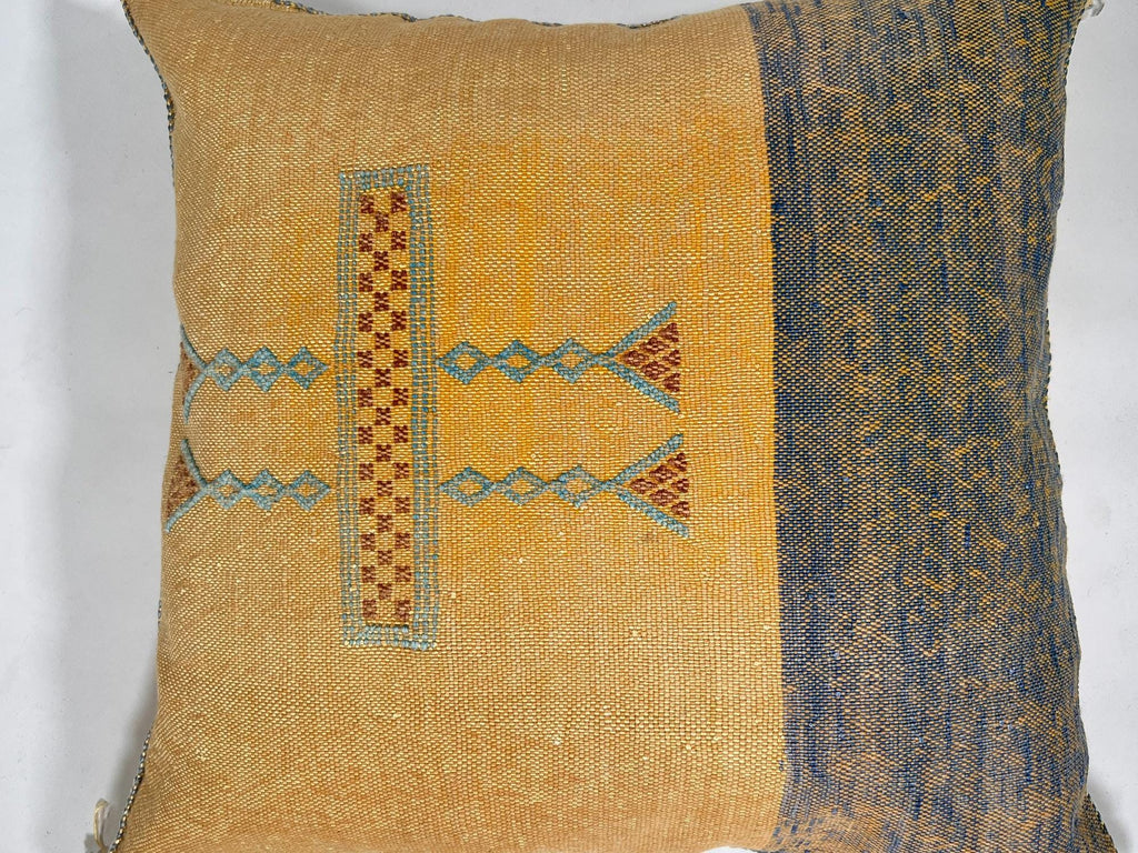 Mustard Yellow Moroccan Silk Pillow Cover, Blue Geometric Embroidery Boho Kilim Cushion, Handmade Sofa Be - product image 6