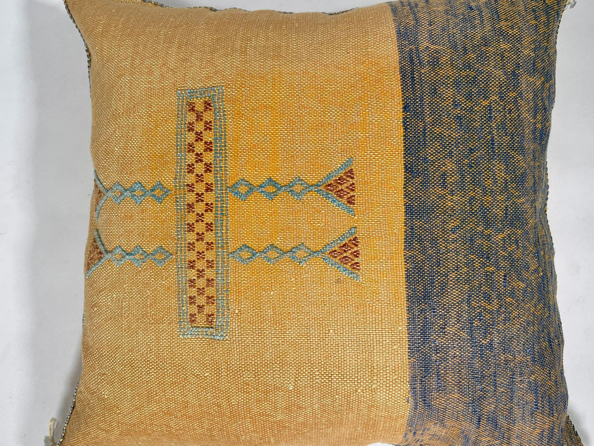 Mustard Yellow Moroccan Silk Pillow Cover, Blue Geometric Embroidery Boho Kilim Cushion, Handmade Sofa Be - product image 6