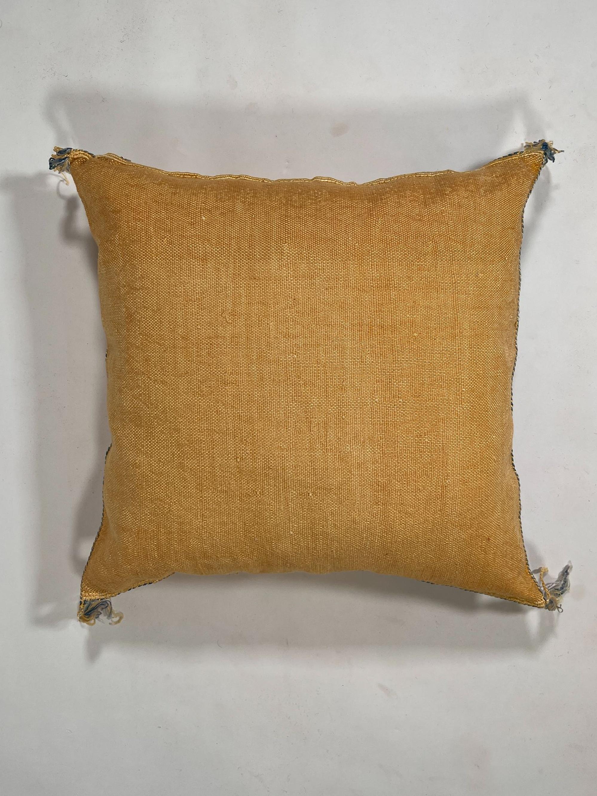 Mustard Yellow Moroccan Silk Pillow Cover, Blue Geometric Embroidery Boho Kilim Cushion, Handmade Sofa Be - product image 8