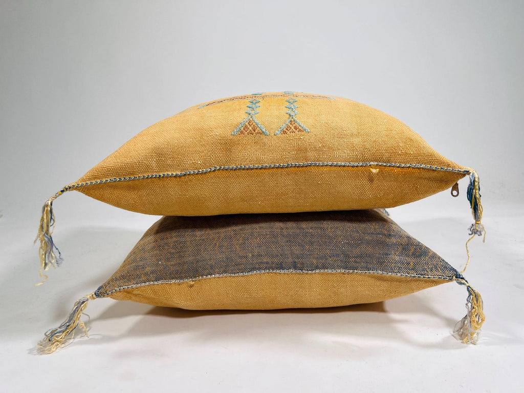 Mustard Yellow Moroccan Silk Pillow Cover, Blue Geometric Embroidery Boho Kilim Cushion, Handmade Sofa Be - product image 9