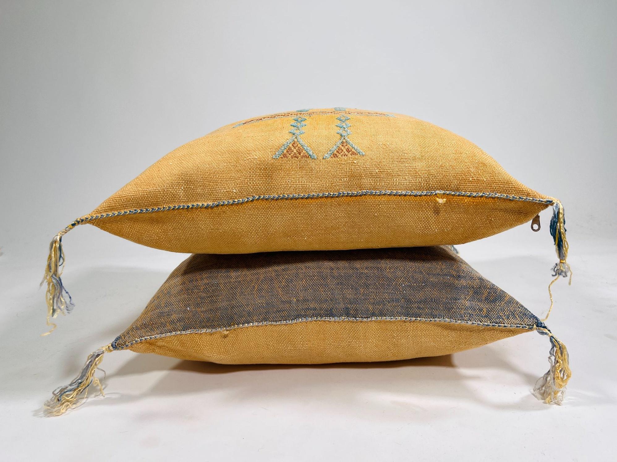 Mustard Yellow Moroccan Silk Pillow Cover, Blue Geometric Embroidery Boho Kilim Cushion, Handmade Sofa Be - product image 9