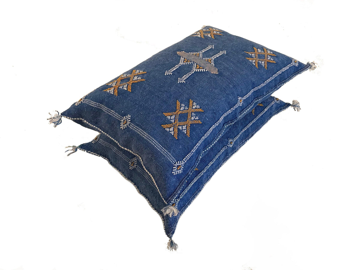 Handmade Moroccan Silk Pillow Cover, Indigo Blue Boho Tribal Embroidered Pillowcase for Sofa Couch, Sizes - product image 6
