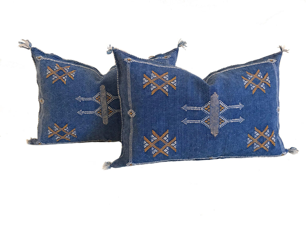Handmade Moroccan Silk Pillow Cover, Indigo Blue Boho Tribal Embroidered Pillowcase for Sofa Couch, Sizes - product image 8