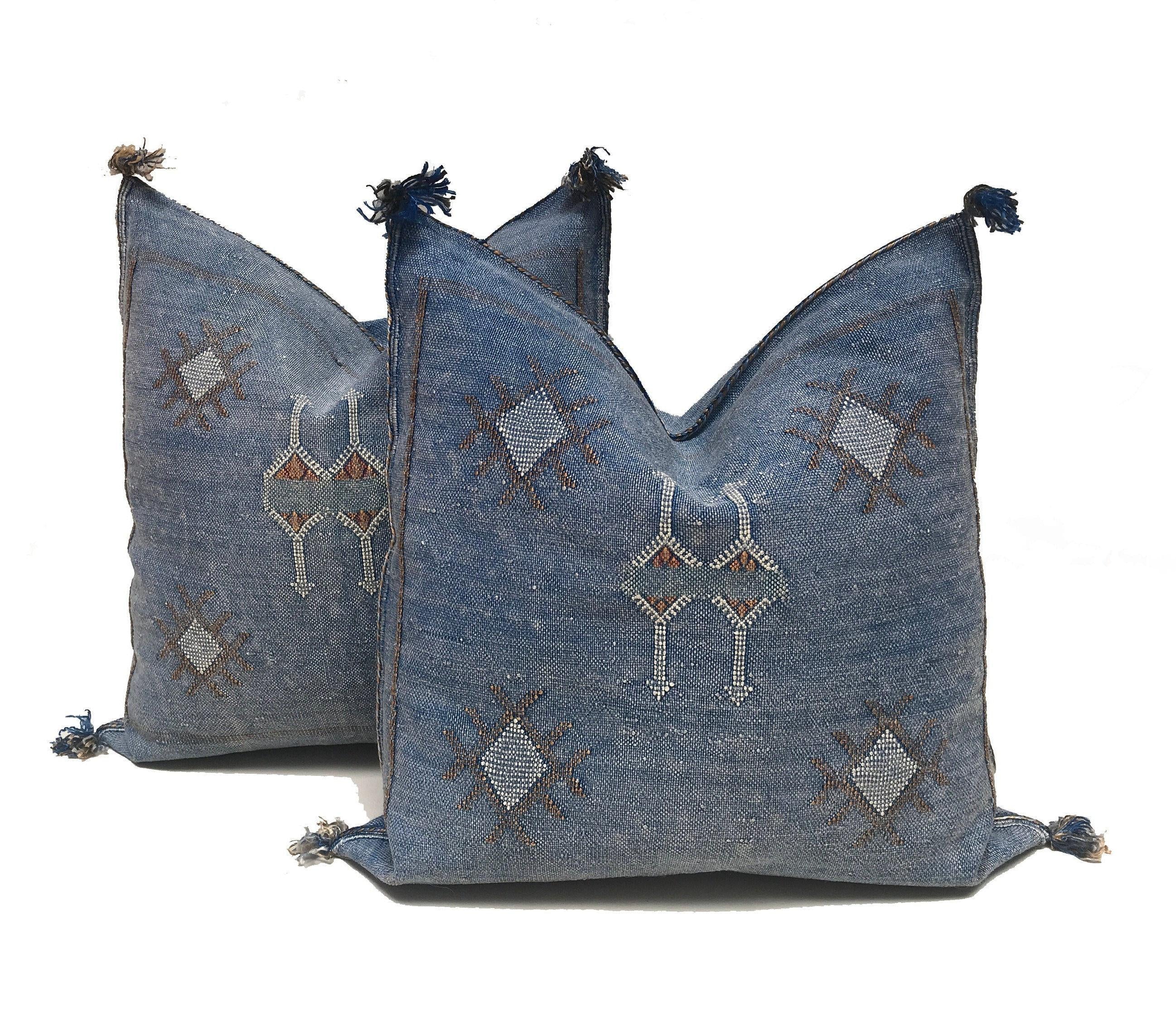 Blue Moroccan Silk Pillow Cover, Handmade Boho Pillowcase, Geometric Embroidered Decor, Custom Sizes for - product image 1