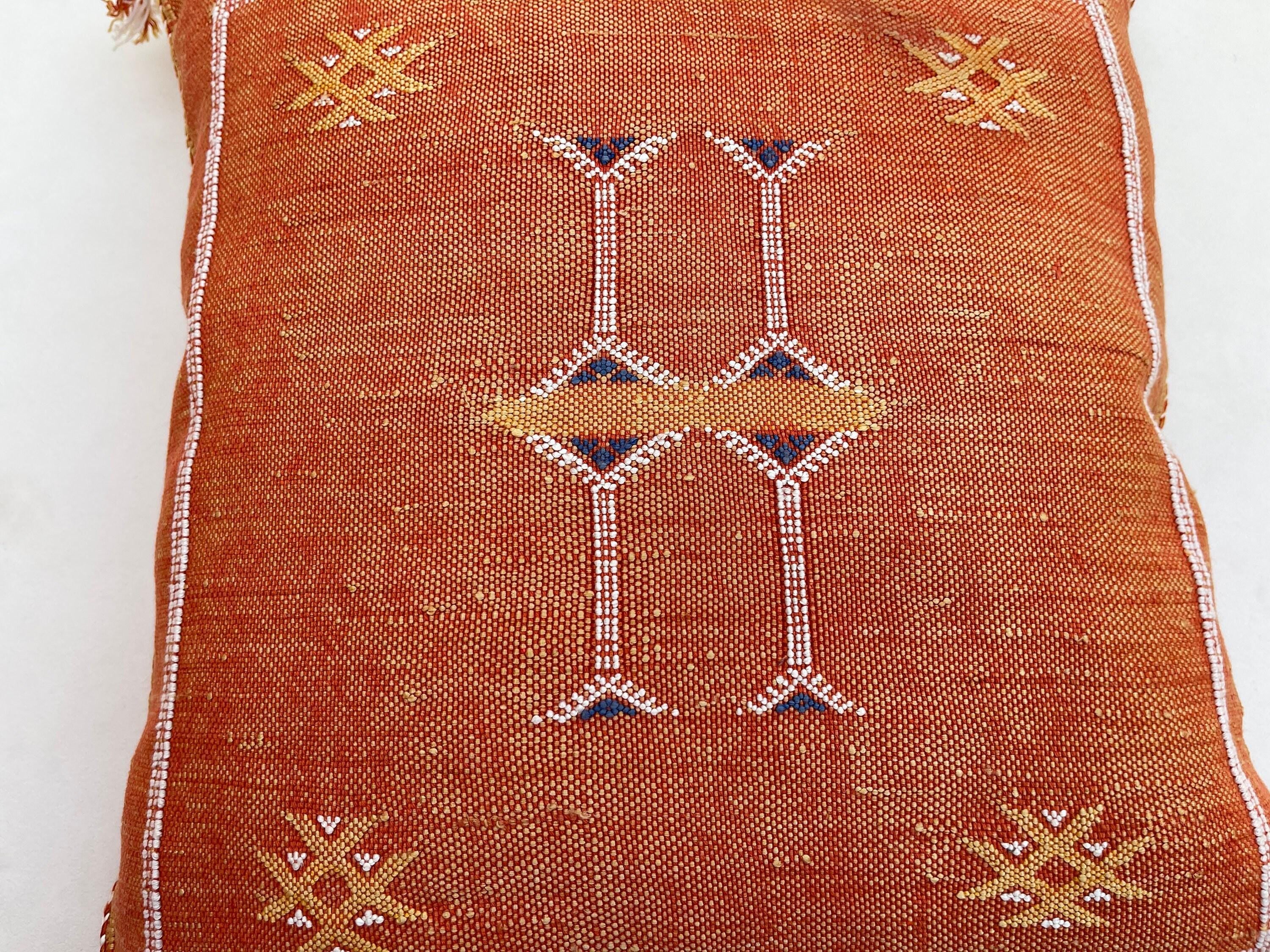 Rust Orange Silk Pillow Cover, Handmade Moroccan Boho Pillowcase, Tribal Embroidered Decor, Custom Floor - product image 7