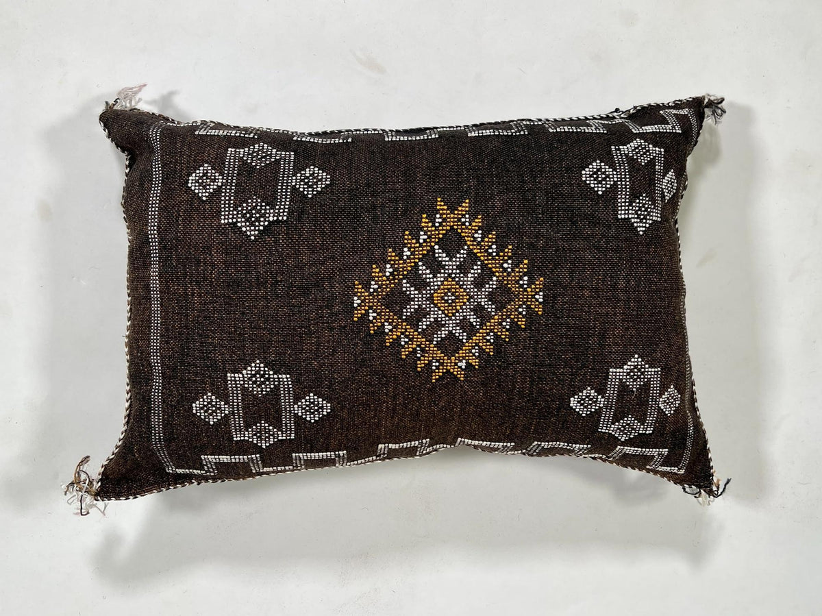 Dark Brown Cactus Silk Pillow Cover, Moroccan Boho Lumbar Cushion, Handmade Kilim Sofa Pillow, Gift for H - product image 4