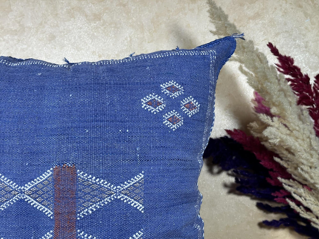 Navy Blue Moroccan Sabra Silk Pillow Cover, Handmade Kilim Style Boho Pillowcase, Woven Cushion Sham, Lux - product image 4