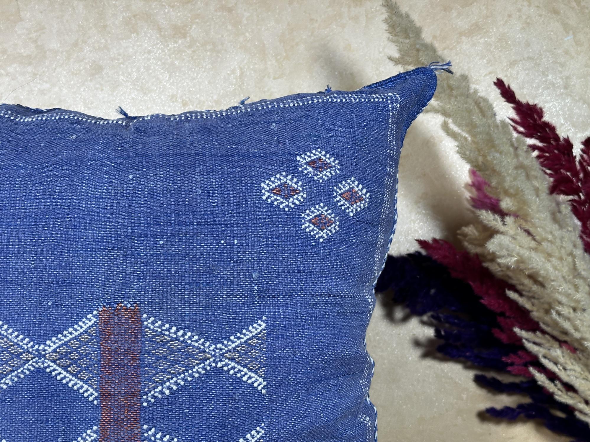 Navy Blue Moroccan Sabra Silk Pillow Cover, Handmade Kilim Style Boho Pillowcase, Woven Cushion Sham, Lux - product image 4