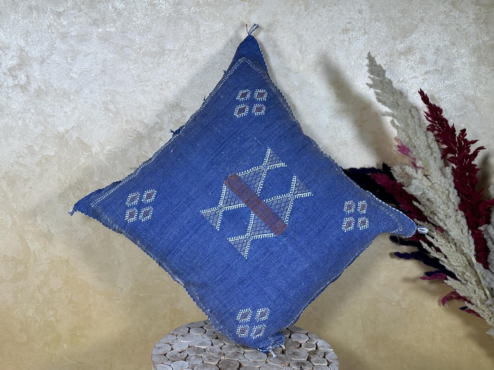 Navy Blue Moroccan Sabra Silk Pillow Cover, Handmade Kilim Style Boho Pillowcase, Woven Cushion Sham, Lux - product image 8