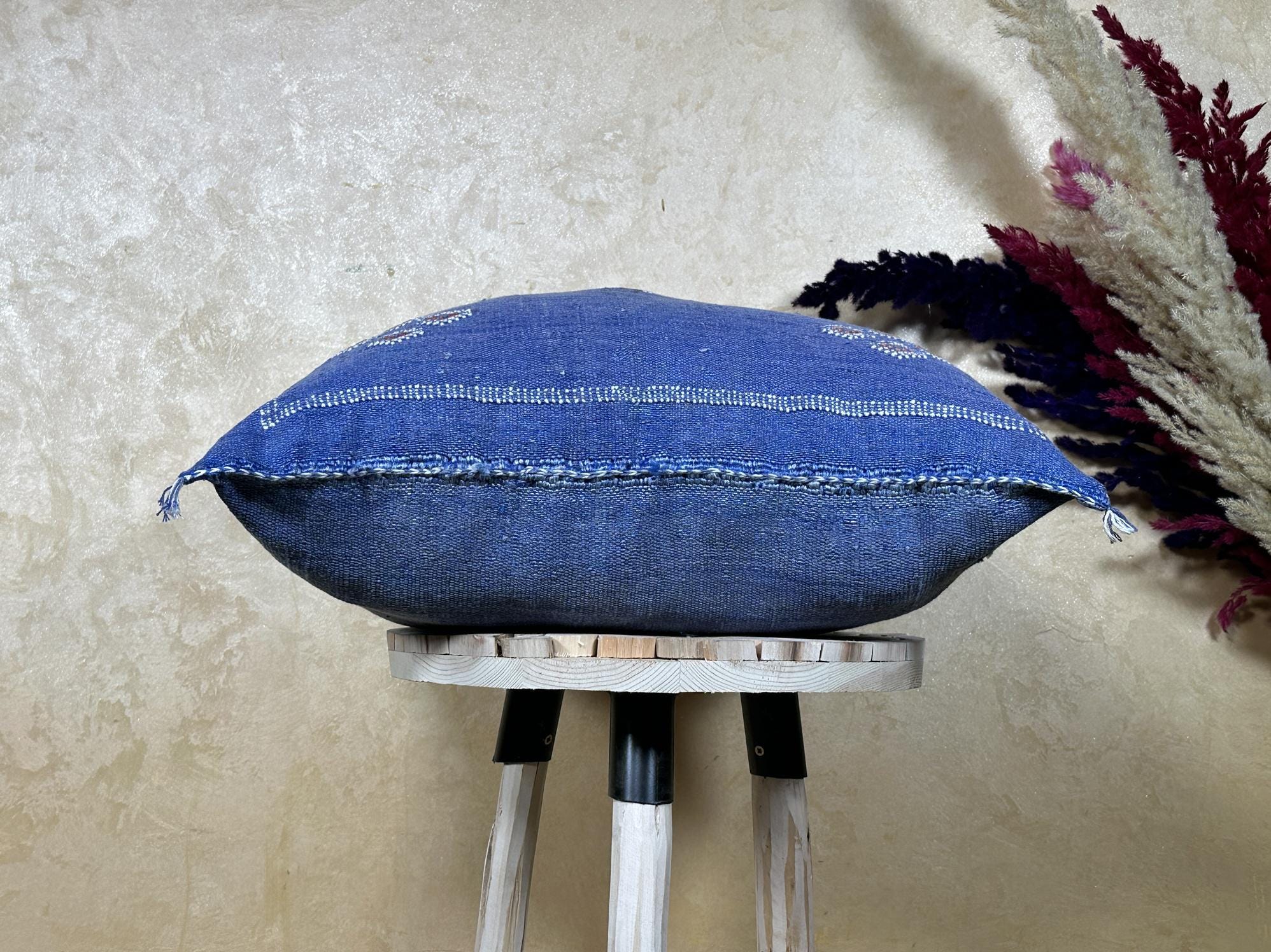 Navy Blue Moroccan Sabra Silk Pillow Cover, Handmade Kilim Style Boho Pillowcase, Woven Cushion Sham, Lux - product image 9