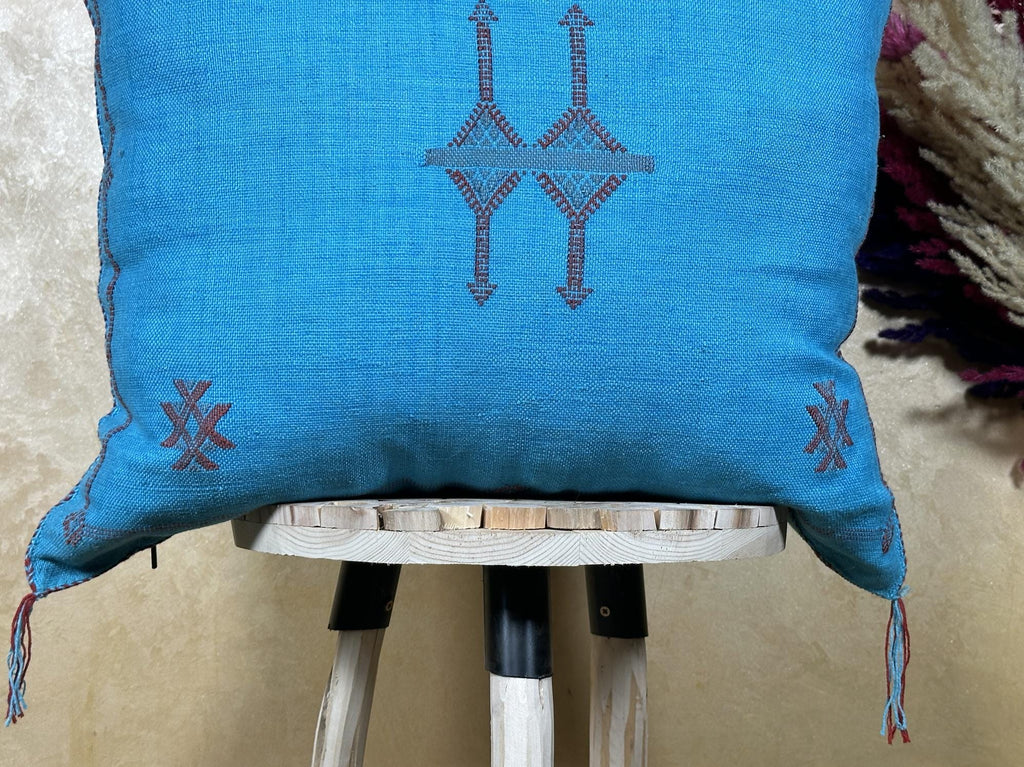Blue Cactus Silk Pillow Cover, Moroccan Cushion, Handmade Boho Pillowcase, Embroidered Sabra Silk Pillow - product image 2