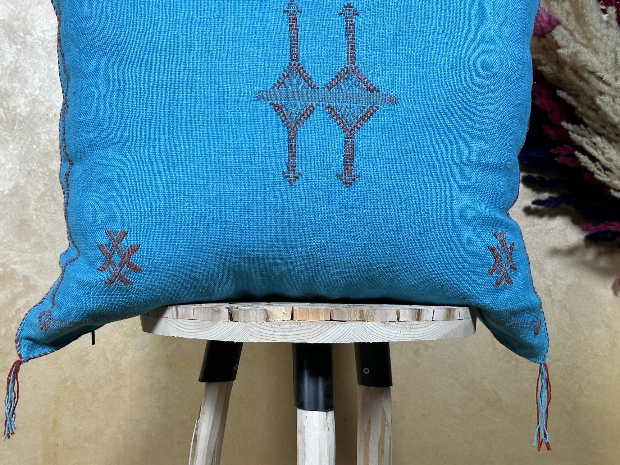 Blue Cactus Silk Pillow Cover, Moroccan Cushion, Handmade Boho Pillowcase, Embroidered Sabra Silk Pillow - product image 2