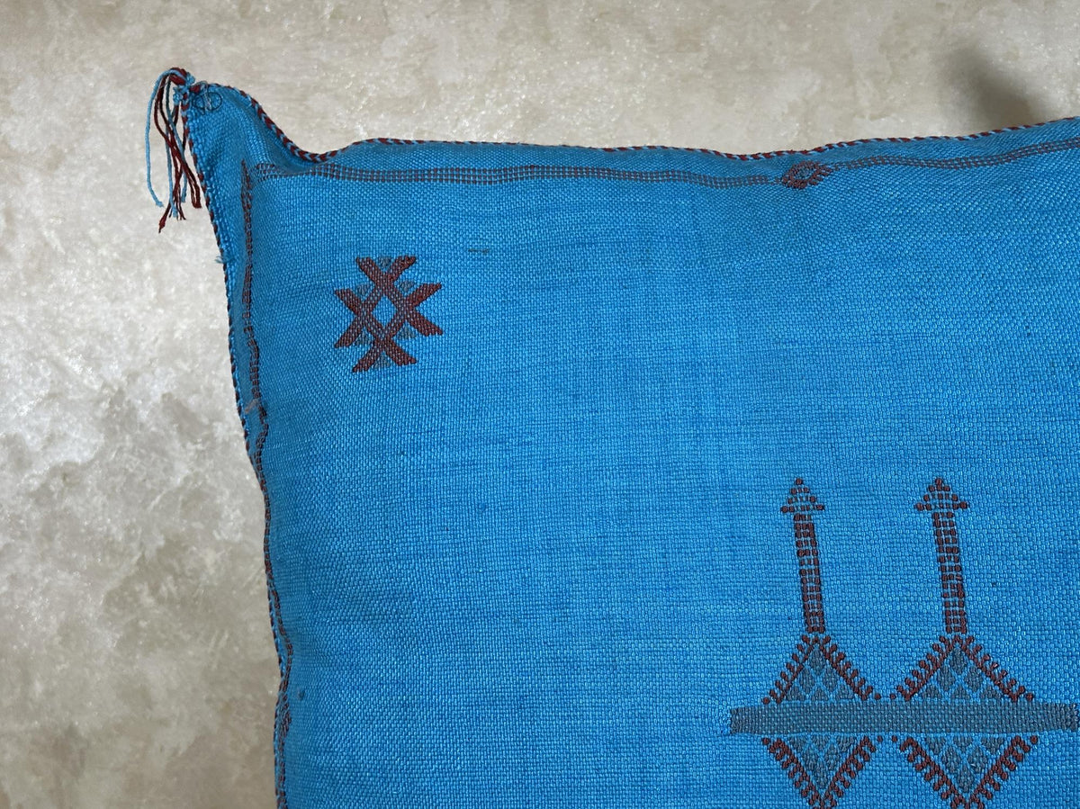 Blue Cactus Silk Pillow Cover, Moroccan Cushion, Handmade Boho Pillowcase, Embroidered Sabra Silk Pillow - product image 4