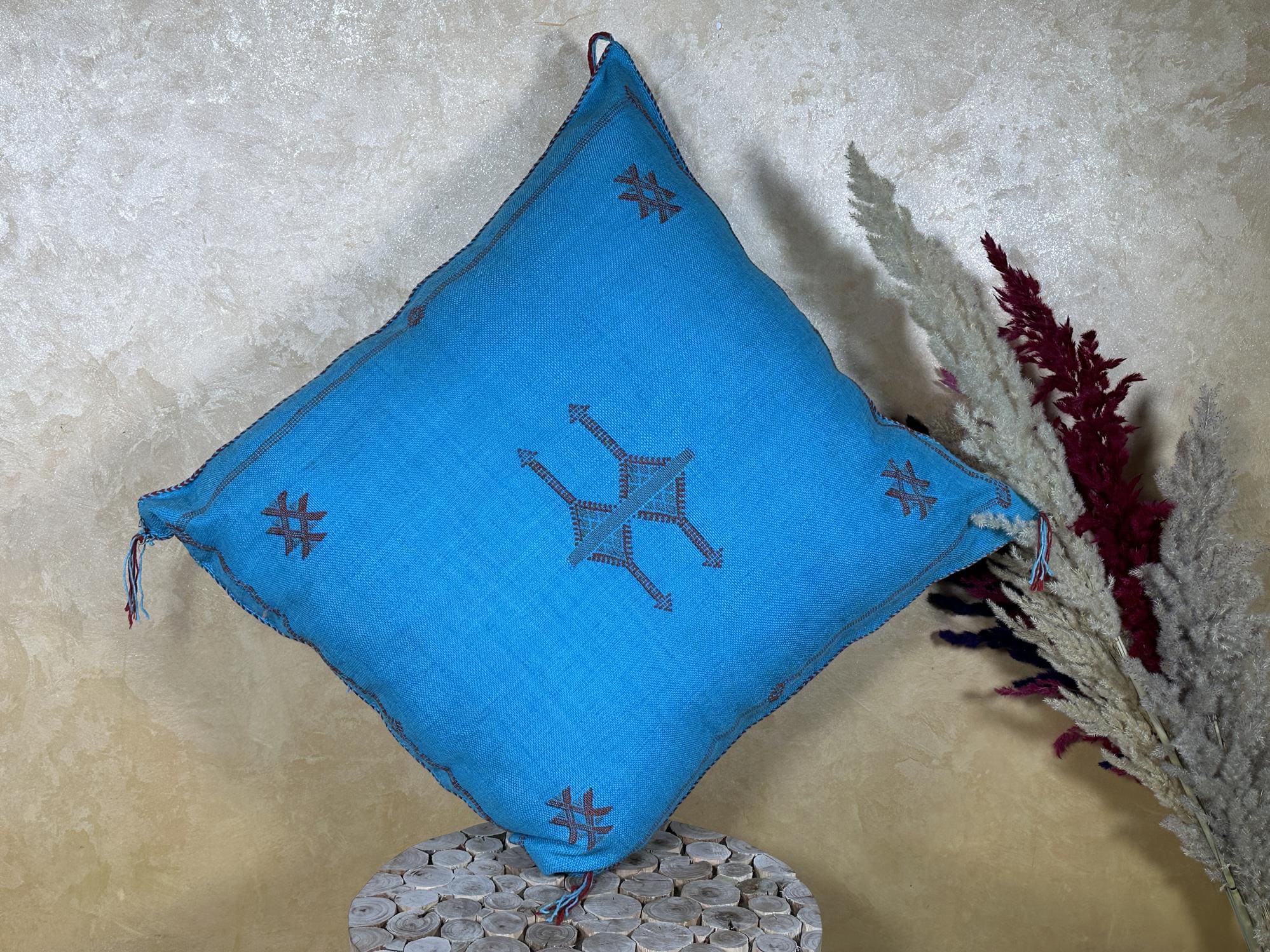 Blue Cactus Silk Pillow Cover, Moroccan Cushion, Handmade Boho Pillowcase, Embroidered Sabra Silk Pillow - product image 8