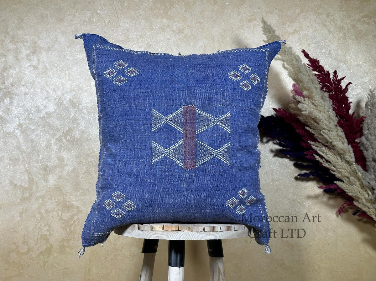 Navy Blue Moroccan Sabra Silk Pillow Cover, Handmade Kilim Style Boho Pillowcase, Woven Cushion Sham, Lux - product image 1