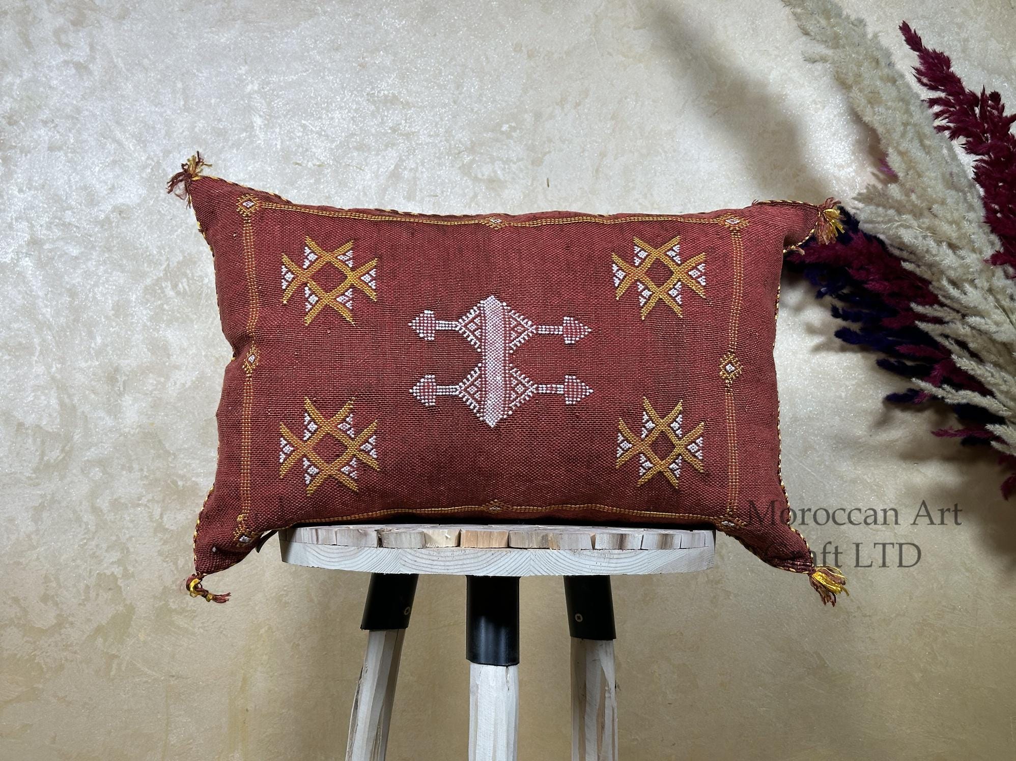 Rust Moroccan Cactus Silk Pillow Cover, Handmade Berber Style Cushion, Boho Embroidered Pillowcase, Luxur - product image 1