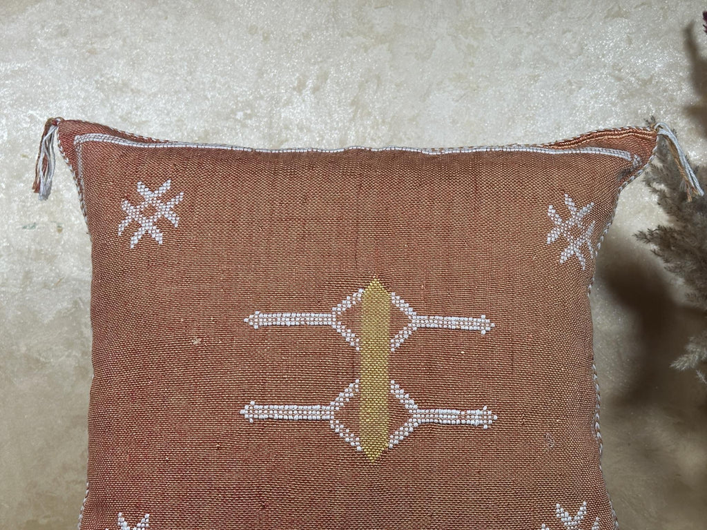 Moroccan Silk Pillow Cover, Handmade Boho Pillowcase, Rust Brown Tribal Embroidery, Custom Sizes for Sofa - product image 3
