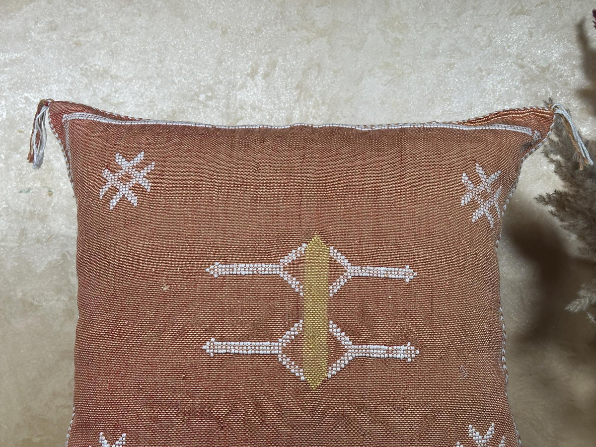 Moroccan Silk Pillow Cover, Handmade Boho Pillowcase, Rust Brown Tribal Embroidery, Custom Sizes for Sofa - product image 3