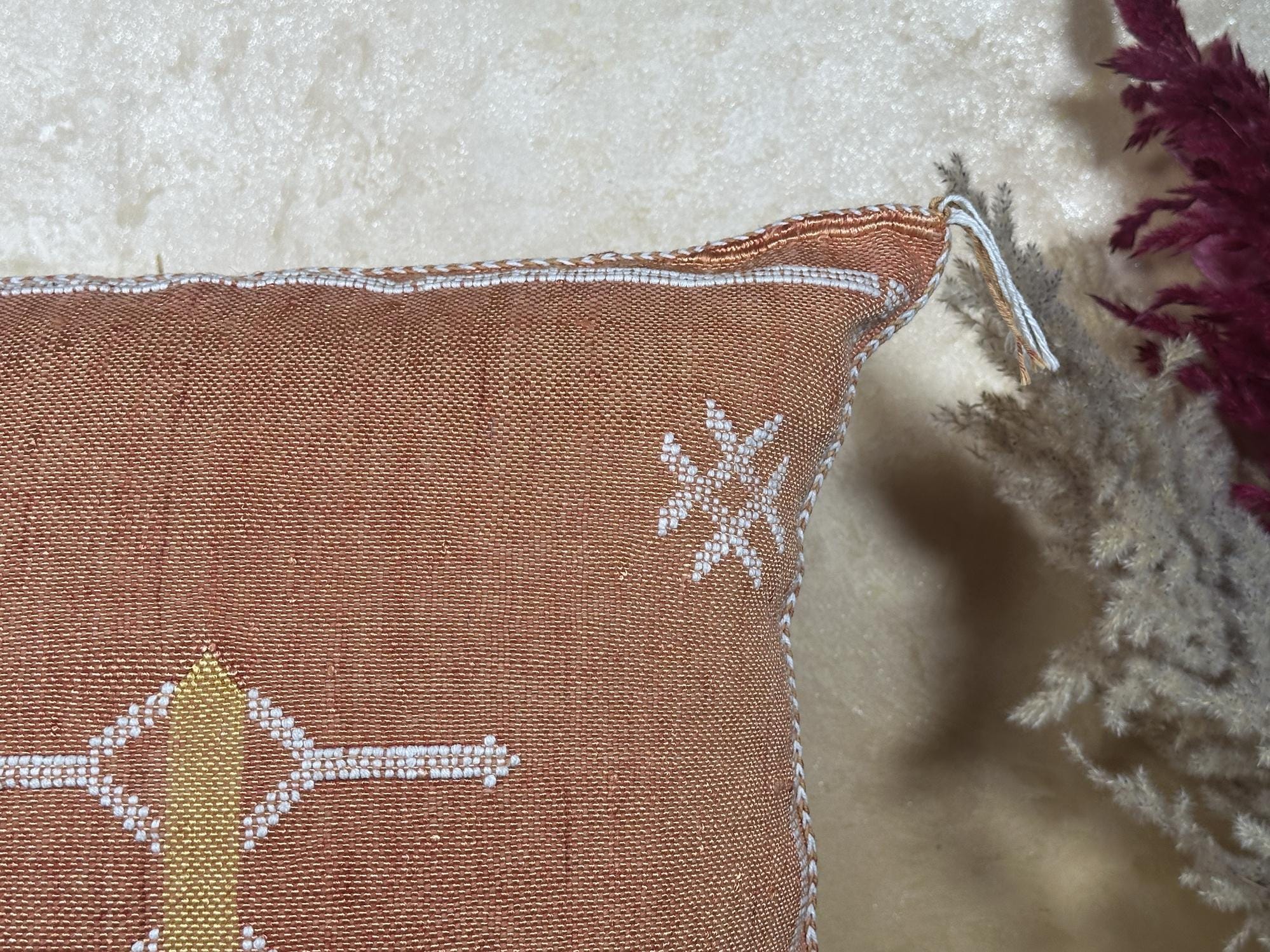 Moroccan Silk Pillow Cover, Handmade Boho Pillowcase, Rust Brown Tribal Embroidery, Custom Sizes for Sofa - product image 4