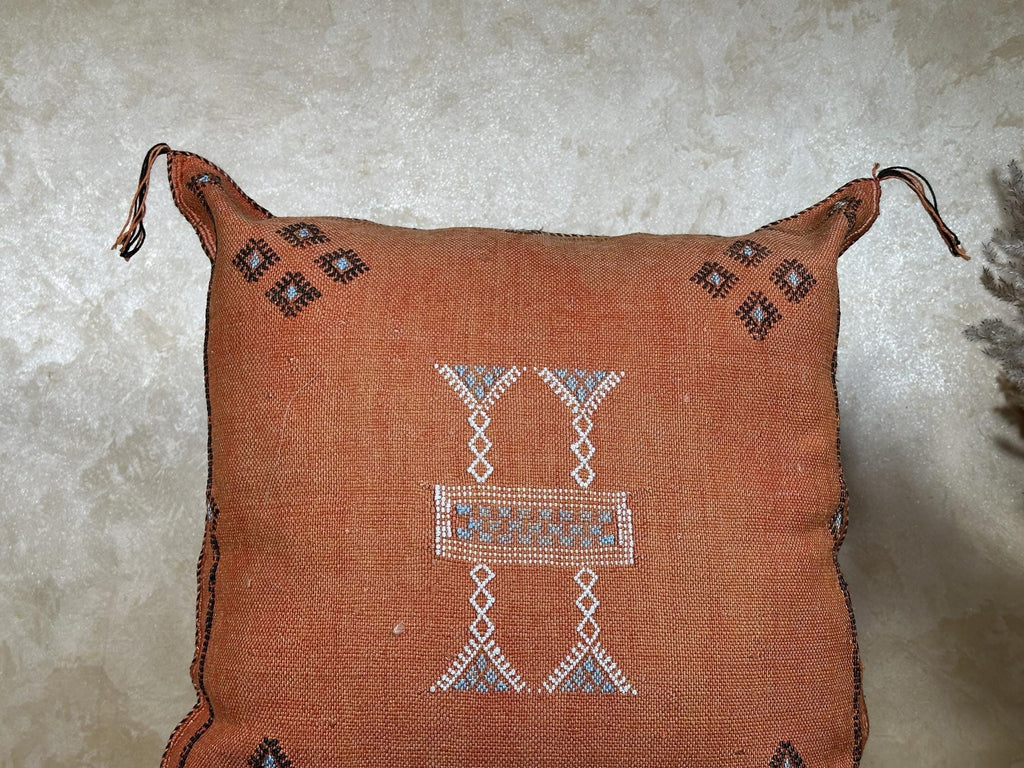 Handmade Moroccan Silk Pillow Cover, Terracotta Boho Kilim Cushion Case, Tribal Embroidered Pillowcase, S - product image 3