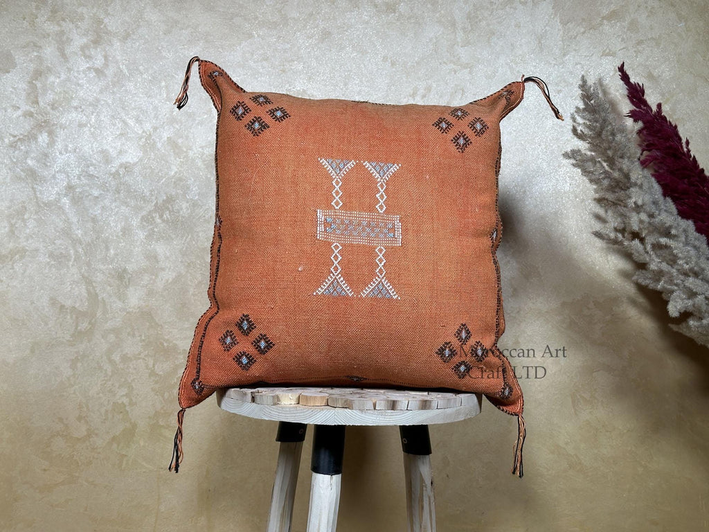 Handmade Moroccan Silk Pillow Cover, Terracotta Boho Kilim Cushion Case, Tribal Embroidered Pillowcase, S - product image 1